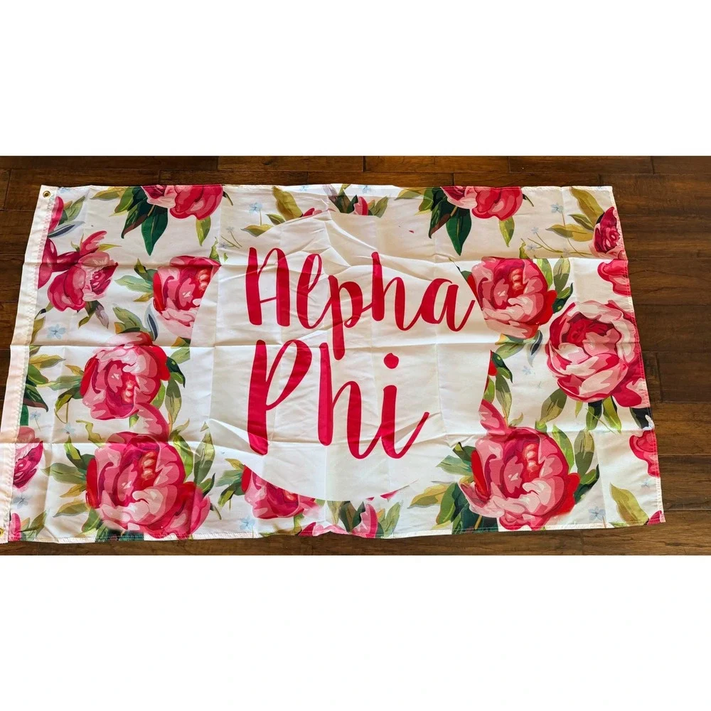 Alpha Phi Floral Sorority Flag 3'x5' Wall Hanging Dorm Decor Women OS White Pink